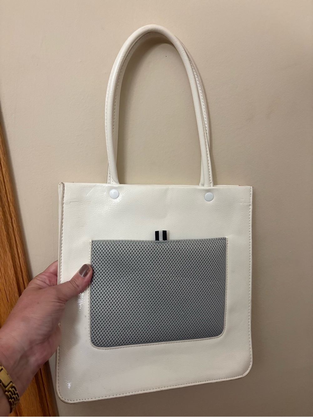 White Faux-Leather Tote with Gray Front Pocket